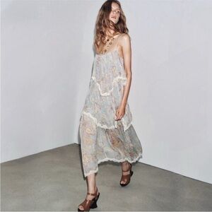 Zara Blue Printed Paisley Ruffle & Lace Midi Dress - NWT (M)